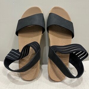 Skechers Luxe Foam Sandals Black Sheer striped Strappy Comfort Slides Size 11‎